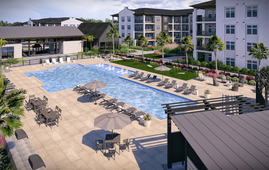 Resort-Style Pool with Lounge Chairs and Hammocks | Brooking Square Apartments, Cainhoy Peninsula