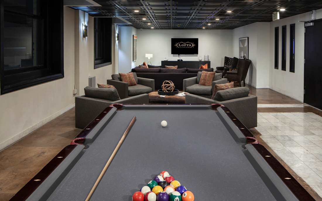 DTLA apartments near City Hall - Lofts At Security Building Media room with billiards table