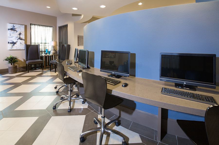 Business center with HP computers Large bathrooms, Large