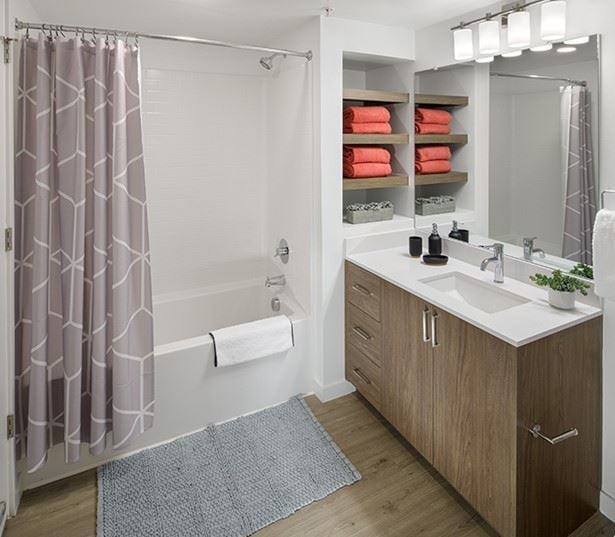 Pace Apartments - Apartments in South Las Vegas - built-in shelving in bath
