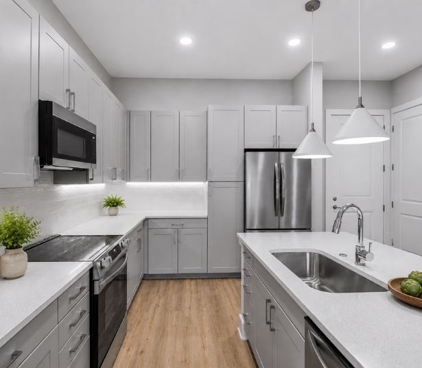 Gourmet Kitchen with Quartz Countertops | Brooking Square Rentals on the Waterline
