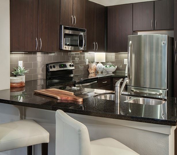 Texas Med Center apartments - District At Greenbriar Chefs kitchen stainless steel appliances