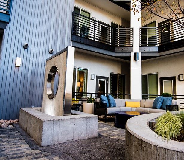 Hartley Flats Zen Courtyard with water feature Denver CO - LoDo