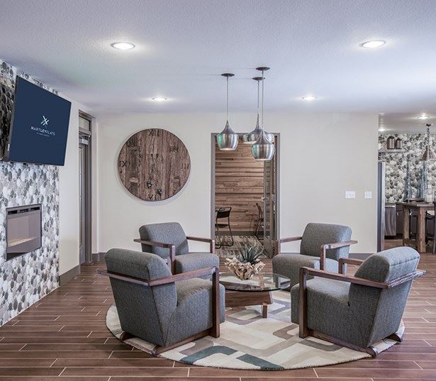 Hartley Flats Resident lounge with fireplace Denver CO - RiNo