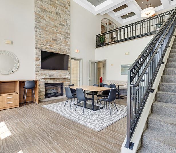 Highlands at Dearborn Two Story Designer Clubroom with Fireplace Peabody MA - Route 1