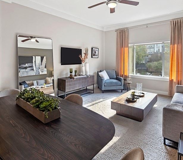 Uptown apartments for rent near Wells Fargo - Silos South End - sun lit living room interior